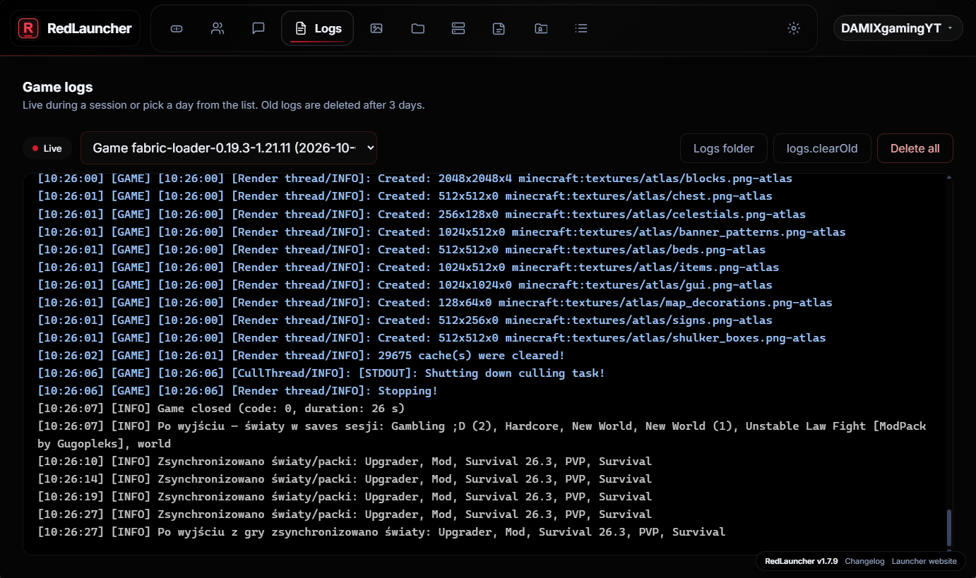 RedLauncher, Logs