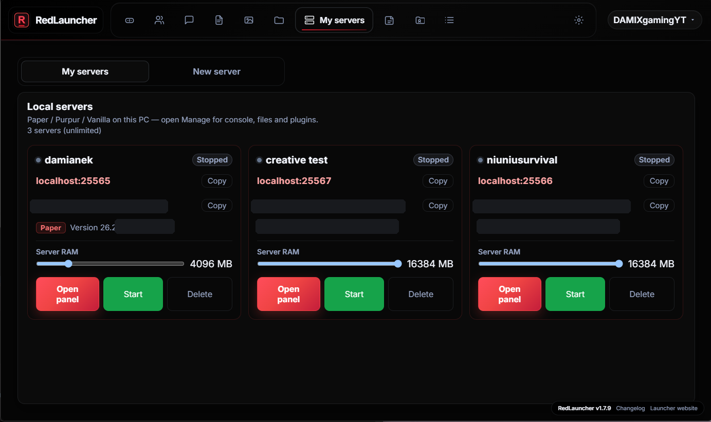 RedLauncher, My servers